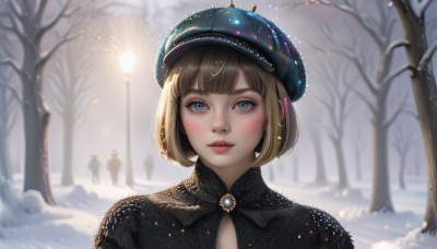 1girl,solo,looking at viewer,blush,short hair,bangs,blue eyes,blonde hair,brown hair,hat,jewelry,upper body,earrings,outdoors,parted lips,solo focus,day,artist name,blurry,tree,lips,eyelashes,depth of field,blurry background,bob cut,brooch,gem,portrait,snow,freckles,snowing,realistic,nose,winter,lamppost,bare tree,dress,blunt bangs,black dress,makeup