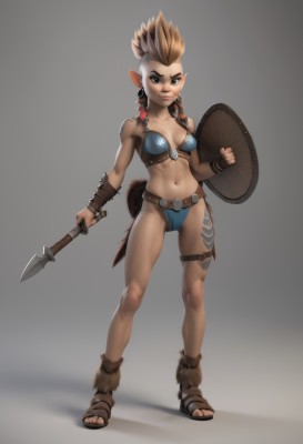 1girl,solo,long hair,breasts,looking at viewer,smile,blonde hair,brown hair,navel,holding,brown eyes,medium breasts,standing,tail,swimsuit,full body,weapon,braid,bikini,small breasts,pointy ears,belt,sword,artist name,holding weapon,armor,twin braids,lips,tattoo,thigh strap,mask,toes,cameltoe,abs,sandals,knife,polearm,side braid,blue bikini,freckles,toned,shield,muscular female,bikini armor,side braids,leg tattoo,toeless footwear,holding shield,simple background,jewelry,multicolored hair,earrings,grey background,orange hair,mole,black eyes,two-tone hair,facial mark,spiked hair,spear,realistic,mohawk,tribal,wrist wrap