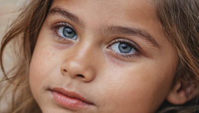 1girl,solo,looking at viewer,blue eyes,brown hair,closed mouth,lips,grey eyes,eyelashes,portrait,close-up,freckles,realistic,nose,eye focus,expressionless