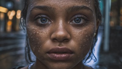 1girl,solo,looking at viewer,blue eyes,black hair,jewelry,earrings,parted lips,dark skin,necklace,blurry,dark-skinned female,lips,wet,eyelashes,depth of field,blurry background,portrait,close-up,freckles,realistic,wet hair,very dark skin,closed mouth