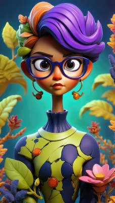 1girl,solo,looking at viewer,short hair,hair ornament,brown eyes,jewelry,closed mouth,upper body,purple hair,flower,multicolored hair,earrings,glasses,artist name,hair flower,dark skin,orange hair,two-tone hair,sweater,dark-skinned female,lips,makeup,turtleneck,leaf,blue background,lipstick,eyeshadow,purple lips,blue-framed eyewear,food,eyelashes,fruit,watermark,multicolored clothes,cherry