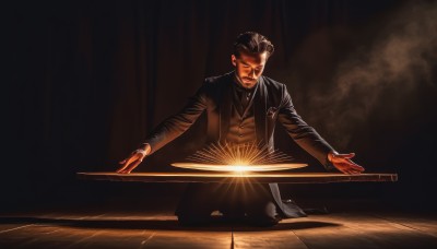 solo,short hair,shirt,black hair,long sleeves,1boy,closed mouth,jacket,closed eyes,male focus,pants,coat,black jacket,buttons,shadow,facial hair,formal,table,suit,instrument,mustache,music,light,playing instrument,hair slicked back,spotlight,sitting,full body,weapon,open clothes,necktie,collared shirt,sword,indoors,signature,vest,open jacket,kneeling,black pants,katana,outstretched arms,sheath,seiza,realistic,spread arms,black suit