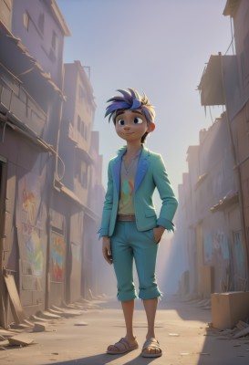 solo,smile,short hair,shirt,black hair,1boy,jewelry,blue hair,standing,jacket,full body,male focus,multicolored hair,outdoors,open clothes,sky,belt,pants,artist name,signature,dark skin,necklace,black eyes,shadow,sandals,denim,building,personification,walking,hand in pocket,jeans,city,alley,1girl,brown eyes,two-tone hair,toes,tomboy,flip-flops