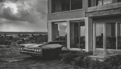 monochrome,greyscale,outdoors,sky,cloud,no humans,window,cloudy sky,ground vehicle,building,scenery,motor vehicle,car,road,vehicle focus,water,ocean,city,bush,sports car