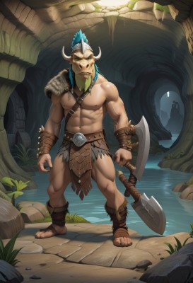 solo,looking at viewer,1boy,navel,holding,jewelry,nipples,green eyes,blue hair,standing,full body,weapon,male focus,thighs,horns,water,stomach,holding weapon,muscular,facial hair,thick thighs,abs,sandals,helmet,pectorals,muscular male,bara,pelvic curtain,beard,large pectorals,topless male,rock,mature male,fake horns,axe,leather,bare pectorals,loincloth,holding axe,belt,shield,furry male,tusks,horned helmet,minotaur