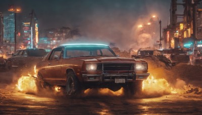 outdoors,sky,no humans,night,fire,ground vehicle,building,scenery,motor vehicle,smoke,city,realistic,car,road,vehicle focus,lamppost,street,dust,destruction,sports car,truck,cloud,science fiction,sign,explosion,skyscraper,burning