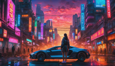 1girl, long hair, skirt, black hair, standing, outdoors, sky, shoes, solo focus, cloud, bag, dutch angle, backpack, cloudy sky, ground vehicle, building, scenery, motor vehicle, sunset, city, sign, car, road, cityscape, street, evening, neon lights, sports car, crosswalk