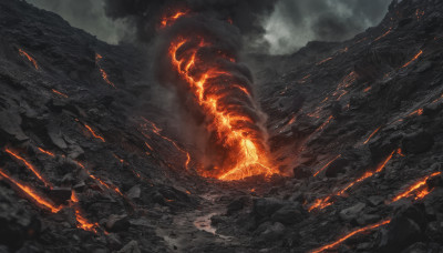 outdoors, sky, cloud, no humans, cloudy sky, fire, scenery, rock, mountain, dragon, molten rock