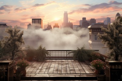 PREMIUM,flower,outdoors,sky,cloud,signature,water,tree,no humans,window,sunlight,cloudy sky,plant,building,scenery,smoke,sunset,stairs,city,railing,sun,potted plant,cityscape,skyscraper,rooftop,orange sky,flower pot,fence,bush,bridge,balcony,skyline