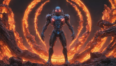 solo, 1boy, standing, armor, glowing, fire, robot, glowing eyes, science fiction, rock, power armor, molten rock