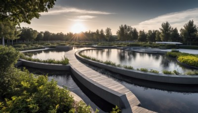 outdoors,sky,day,cloud,water,tree,no humans,sunlight,cloudy sky,grass,plant,nature,scenery,forest,reflection,sunset,mountain,sun,road,bush,bridge,river,landscape,lake,reflective water