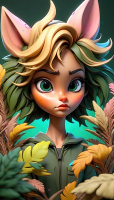 1girl,solo,looking at viewer,blush,short hair,bangs,blonde hair,simple background,animal ears,closed mouth,green eyes,jacket,upper body,flower,multicolored hair,green hair,artist name,hood,blurry,lips,gradient,gradient background,eyelashes,hoodie,makeup,leaf,watermark,hood down,plant,furry,zipper,freckles,green background,green jacket,furry female,animal nose,two-tone hair,messy hair