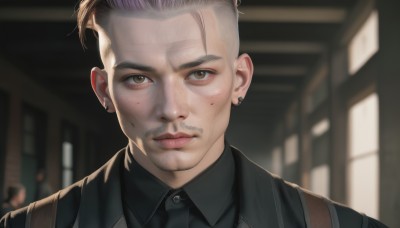 solo,looking at viewer,short hair,brown hair,shirt,1boy,brown eyes,jewelry,closed mouth,grey hair,male focus,earrings,collared shirt,indoors,blurry,lips,black shirt,depth of field,blurry background,facial hair,piercing,ear piercing,portrait,freckles,realistic,stud earrings,undercut,jacket,necktie,black jacket,nose,mustache,very short hair