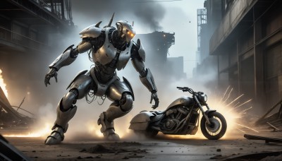 HQ,1boy,weapon,outdoors,armor,no humans,glowing,fire,robot,ground vehicle,building,mecha,glowing eyes,motor vehicle,spikes,smoke,science fiction,city,realistic,car,cable,explosion,ruins,motorcycle,damaged,open hands,debris,dust,destruction,sparks,solo,signature,orange eyes,helmet,battle,dirty,power armor