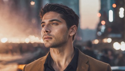 solo,short hair,shirt,black hair,1boy,closed mouth,jacket,upper body,male focus,outdoors,collared shirt,blurry,looking to the side,black shirt,depth of field,blurry background,facial hair,portrait,beard,brown jacket,realistic,stubble,brown hair,brown eyes,night,expressionless,brown coat,bokeh