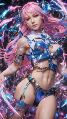 1girl,solo,long hair,breasts,looking at viewer,bangs,blue eyes,large breasts,navel,cleavage,jewelry,medium breasts,pink hair,cowboy shot,earrings,parted lips,horns,midriff,lips,crop top,thigh strap,headgear,knife,armlet,realistic,holster,bikini armor,hair ornament,thighhighs,bare shoulders,standing,artist name,pink eyes,armor,chain,watermark,garter straps,single thighhigh,gem,web address,toned