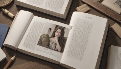 1girl,solo,long hair,breasts,looking at viewer,brown hair,dress,brown eyes,jewelry,sitting,earrings,indoors,book,wavy hair,chair,table,wooden floor,paper,open book,pen,pencil,smile,english text,lips,makeup,shadow,lipstick,red lips,photo (object)