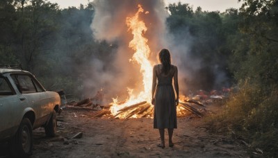 1girl,solo,long hair,brown hair,black hair,dress,bare shoulders,standing,ponytail,outdoors,sleeveless,from behind,black footwear,black dress,tree,sleeveless dress,fire,ground vehicle,nature,scenery,motor vehicle,forest,smoke,arms at sides,facing away,car,vehicle focus,burning,sports car,skirt,holding,weapon,sky,sword,holding weapon,sandals,road