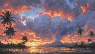 outdoors,sky,cloud,water,tree,no humans,bird,ocean,beach,sunlight,cloudy sky,nature,scenery,reflection,sunset,mountain,sand,palm tree,sun,horizon,evening,mountainous horizon,gradient sky,shore,orange sky,signature,forest,lake,island