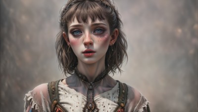 1girl,solo,looking at viewer,blush,short hair,blue eyes,brown hair,jewelry,collarbone,upper body,earrings,parted lips,necklace,blurry,lips,makeup,blurry background,scar,portrait,freckles,realistic,bangs,dress,torn clothes,eyelashes,blood,blood on face,red lips,dirty