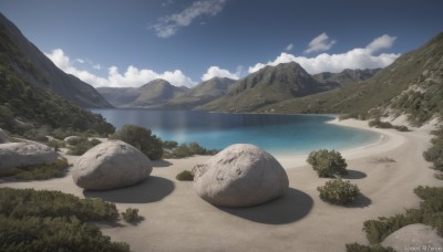 outdoors,sky,day,artist name,cloud,water,tree,blue sky,no humans,shadow,ocean,watermark,beach,cloudy sky,grass,nature,scenery,web address,forest,rock,mountain,sand,horizon,landscape,mountainous horizon,shore,bush