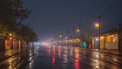 outdoors,sky,cloud,water,tree,dutch angle,no humans,night,cloudy sky,ground vehicle,building,night sky,scenery,reflection,rain,city,sign,fence,light,road,house,power lines,lamppost,street,utility pole,puddle,window,vanishing point