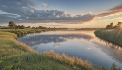 outdoors,sky,day,cloud,water,tree,blue sky,no humans,sunlight,cloudy sky,grass,plant,nature,scenery,forest,reflection,sunset,mountain,sun,horizon,river,landscape,lake