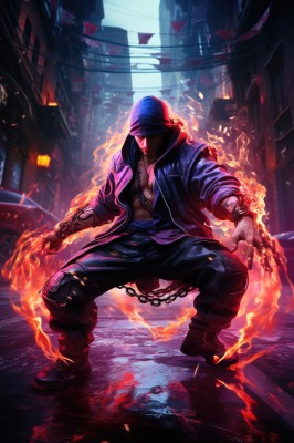 solo,looking at viewer,black hair,1boy,jewelry,jacket,full body,male focus,boots,outdoors,open clothes,pants,hood,open jacket,hoodie,tattoo,muscular,glowing,chain,watermark,black pants,squatting,ring,fire,pectorals,muscular male,ground vehicle,building,hooded jacket,web address,motor vehicle,hood up,city,car,road,arm tattoo,street,gloves,fingerless gloves,necklace,bracelet,bandages,abs,bandana,flame,chest tattoo,pyrokinesis