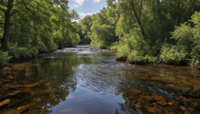 outdoors,sky,day,cloud,water,tree,blue sky,no humans,sunlight,cloudy sky,grass,nature,scenery,forest,reflection,bush,river,landscape,lake,reflective water,plant,rock