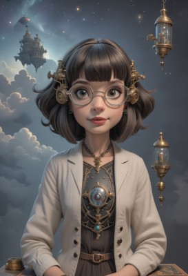 1girl,solo,looking at viewer,smile,short hair,bangs,brown hair,black hair,hair ornament,long sleeves,dress,brown eyes,jewelry,closed mouth,jacket,upper body,earrings,outdoors,open clothes,sky,glasses,belt,artist name,cloud,blunt bangs,medium hair,necklace,star (symbol),black eyes,black dress,bracelet,open jacket,lips,book,eyelashes,makeup,night,buttons,watermark,bob cut,white jacket,cardigan,cloudy sky,star (sky),night sky,buckle,pendant,starry sky,lantern,belt buckle,nose,round eyewear,red lips,steampunk,airship,chain,gem,web address,watch,hand in pocket,realistic,aircraft,grey jacket,hands in pockets,labcoat,wristwatch,brown dress,shooting star