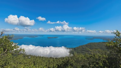 outdoors,sky,day,cloud,water,tree,blue sky,no humans,ocean,cloudy sky,grass,plant,nature,scenery,forest,reflection,horizon,landscape,lake,island,military vehicle,watercraft,ship