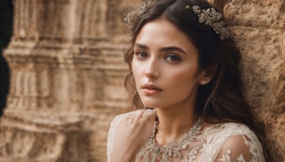 1girl,solo,long hair,looking at viewer,brown hair,black hair,hair ornament,dress,brown eyes,jewelry,upper body,flower,earrings,parted lips,hair flower,necklace,white dress,blurry,lips,blurry background,portrait,realistic,nose,hand up,depth of field