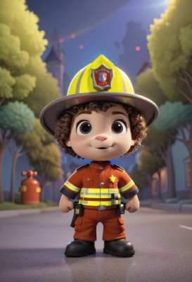 solo,looking at viewer,smile,brown hair,1boy,hat,brown eyes,full body,male focus,outdoors,sky,black footwear,blurry,uniform,tree,night,blurry background,curly hair,male child,afro,standing,boots,belt,chibi,star (symbol),helmet,yellow headwear