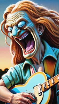 1girl,solo,long hair,open mouth,shirt,1boy,holding,jewelry,upper body,male focus,earrings,teeth,tongue,collared shirt,tongue out,nail polish,orange hair,lips,makeup,colored skin,parody,lipstick,instrument,sleeves rolled up,blue skin,music,guitar,playing instrument,holding instrument,electric guitar,plectrum,smile,short sleeves,blue shirt,red nails,veins,red lips,stud earrings