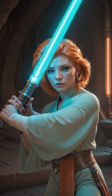 1girl,solo,looking at viewer,short hair,blue eyes,long sleeves,holding,jewelry,weapon,earrings,belt,sword,wide sleeves,medium hair,holding weapon,orange hair,lips,glowing,bandages,holding sword,sheath,robe,bandaged arm,glowing weapon,energy sword,glowing sword,lightsaber,realistic,nose,fantasy,tunic