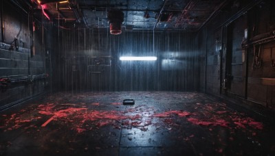 indoors,no humans,window,blood,scenery,science fiction,rain,door,tiles,light,dark,blood splatter,hallway,ceiling light,weapon,gun,chair,ground vehicle,motor vehicle,tile floor,industrial pipe