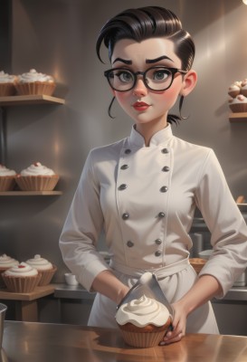 1girl,solo,breasts,looking at viewer,blush,short hair,black hair,long sleeves,holding,jewelry,standing,earrings,parted lips,food,glasses,indoors,black eyes,lips,grey eyes,makeup,buttons,fruit,lipstick,cake,black-framed eyewear,red lips,double-breasted,stud earrings,cupcake,whipped cream,chef,closed mouth,apron,holding food,round eyewear,undercut,hair slicked back