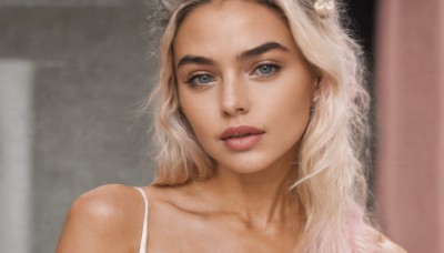 1girl,solo,long hair,looking at viewer,blue eyes,blonde hair,hair ornament,bare shoulders,collarbone,white hair,parted lips,teeth,lips,eyelashes,portrait,realistic,nose,blurry,grey eyes,wavy hair,thick eyebrows,close-up,spaghetti strap