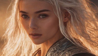 1girl,solo,long hair,looking at viewer,blonde hair,brown eyes,green eyes,white hair,parted lips,dark skin,mole,dark-skinned female,lips,grey eyes,eyelashes,wavy hair,portrait,close-up,freckles,curly hair,realistic,nose,closed mouth,thick eyebrows,brown background