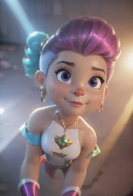 1girl,solo,breasts,looking at viewer,blush,smile,short hair,shirt,navel,bare shoulders,jewelry,closed mouth,blue hair,standing,purple eyes,collarbone,purple hair,multicolored hair,earrings,small breasts,solo focus,shiny,pants,artist name,dark skin,necklace,hair bun,blurry,two-tone hair,dark-skinned female,lips,crop top,eyelashes,makeup,blurry background,from above,single hair bun,looking up,gem,armlet,freckles,hoop earrings,pink hair,green hair,midriff,bracelet,aqua hair,gradient hair,asymmetrical hair