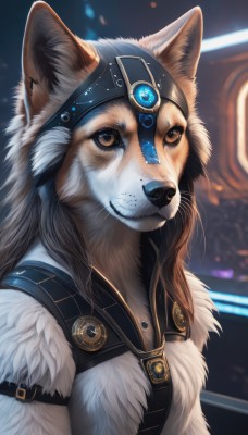 1girl,solo,long hair,looking at viewer,brown hair,brown eyes,jewelry,closed mouth,upper body,blurry,no humans,blurry background,animal,gem,furry,colored sclera,freckles,dog,furry female,harness,fur,animal ears,fur trim,wolf,snout