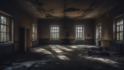 day,indoors,no humans,window,sunlight,scenery,light rays,stairs,door,ruins,broken,hallway,broken glass,broken window,sky,shadow,plant,wall,cracked wall