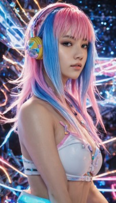 1girl,solo,long hair,breasts,looking at viewer,bangs,cleavage,bare shoulders,jewelry,medium breasts,underwear,blue hair,upper body,pink hair,multicolored hair,parted lips,necklace,bra,blurry,black eyes,two-tone hair,lips,blurry background,headphones,white bra,realistic,nose,swimsuit,bikini,from side,eyelashes,watermark,white bikini,bikini top only