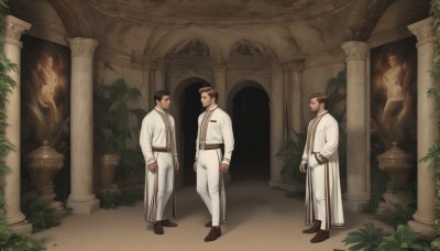 short hair,brown hair,black hair,long sleeves,standing,male focus,multiple boys,shoes,belt,pants,indoors,facial hair,3boys,plant,beard,walking,4boys,robe,white pants,mustache,arms at sides,pillar,statue,arch,column,2boys,looking at another,thick eyebrows,sideburns