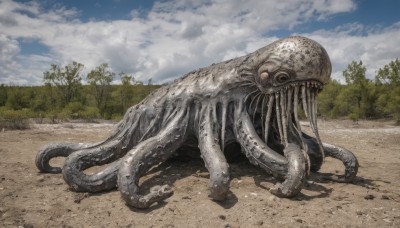 outdoors,sky,teeth,day,cloud,tree,blue sky,no humans,cloudy sky,grass,nature,scenery,tentacles,monster,realistic,road,horror (theme),eldritch abomination,alien