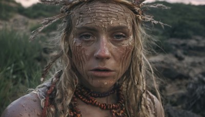 1girl,solo,long hair,looking at viewer,blonde hair,hair ornament,jewelry,green eyes,outdoors,parted lips,necklace,blurry,lips,blurry background,portrait,freckles,beads,realistic,dirty,bead necklace,tribal,braid,depth of field,headdress