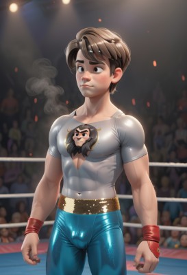 solo,blush,short hair,brown hair,shirt,1boy,brown eyes,closed mouth,short sleeves,male focus,shiny,belt,pants,artist name,lips,covered navel,mask,muscular,abs,thick eyebrows,pectorals,muscular male,t-shirt,wristband,bara,skin tight,grey shirt,clenched hands,smoke,freckles,bulge,shiny clothes,arms at sides,blue pants,tight,print shirt,crowd,stage,spotlight,covered abs,stage lights,standing,cowboy shot,solo focus,blurry,blurry background,wrestling outfit,wrestling ring