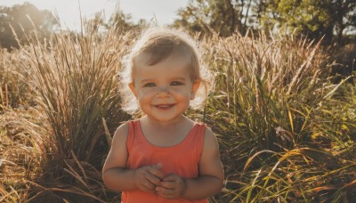 1girl,solo,looking at viewer,smile,short hair,open mouth,brown hair,dress,upper body,outdoors,teeth,sleeveless,day,black eyes,tree,red dress,own hands together,plant,child,nature,realistic,1boy,male focus,pointy ears,tank top,grass,sharp teeth,male child,baby