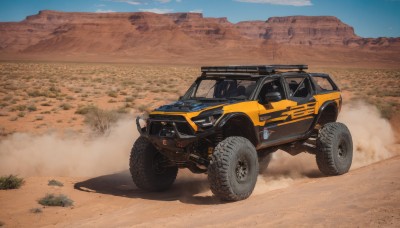 outdoors,sky,day,cloud,blue sky,no humans,shadow,ground vehicle,scenery,motor vehicle,smoke,mountain,sand,car,road,vehicle focus,mountainous horizon,desert,dust,wheel,tire,solo,driving