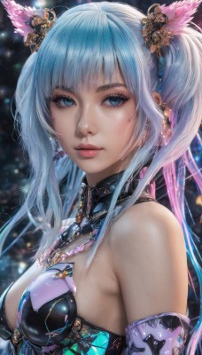 1girl,solo,long hair,breasts,looking at viewer,bangs,blue eyes,hair ornament,cleavage,bare shoulders,twintails,jewelry,medium breasts,closed mouth,blue hair,upper body,multicolored hair,earrings,detached sleeves,elbow gloves,necklace,blurry,from side,lips,eyelashes,detached collar,blurry background,piercing,ear piercing,realistic,nose,mascara,sidelocks,parted lips,shiny,artist name,armor,shiny hair,strapless,makeup,expressionless,feathers,gem,light particles,eyeshadow,science fiction,pink lips,eyeliner,feather hair ornament